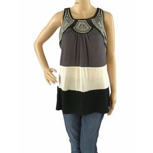 Cocomo Sleeveless Tunic Top S Embroidered Black Gray Cream Block Stripe